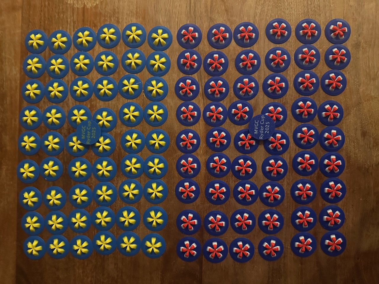 110 flat golf tees laid out on a table