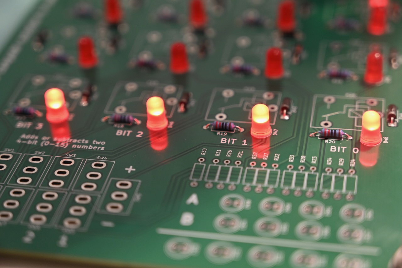 Four LEDs in a row lit on a circuit board