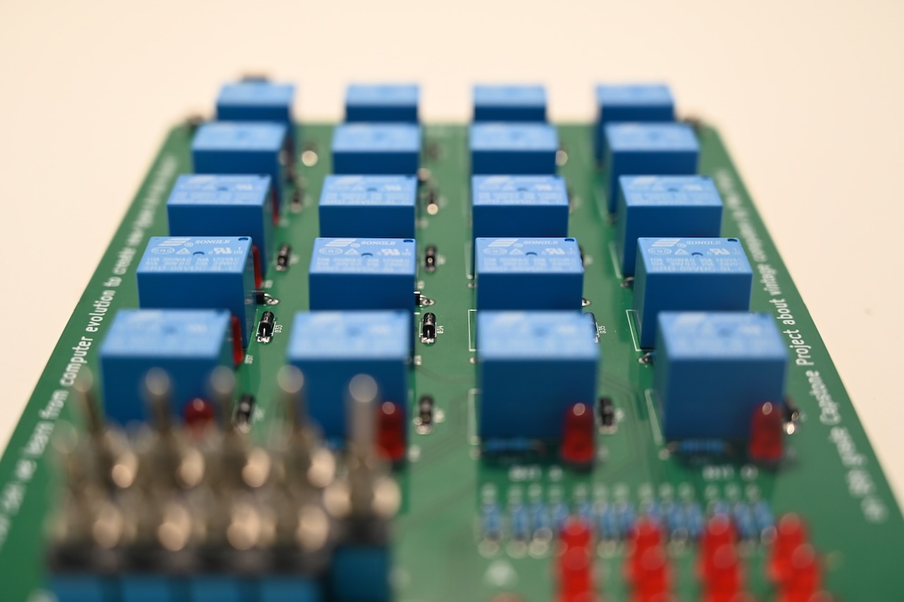 Twenty relays attached to a circuit board
